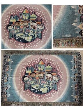 Disney It’s a Small World Woven Tapestry Afghan Throw Blanket Fringe Vintage